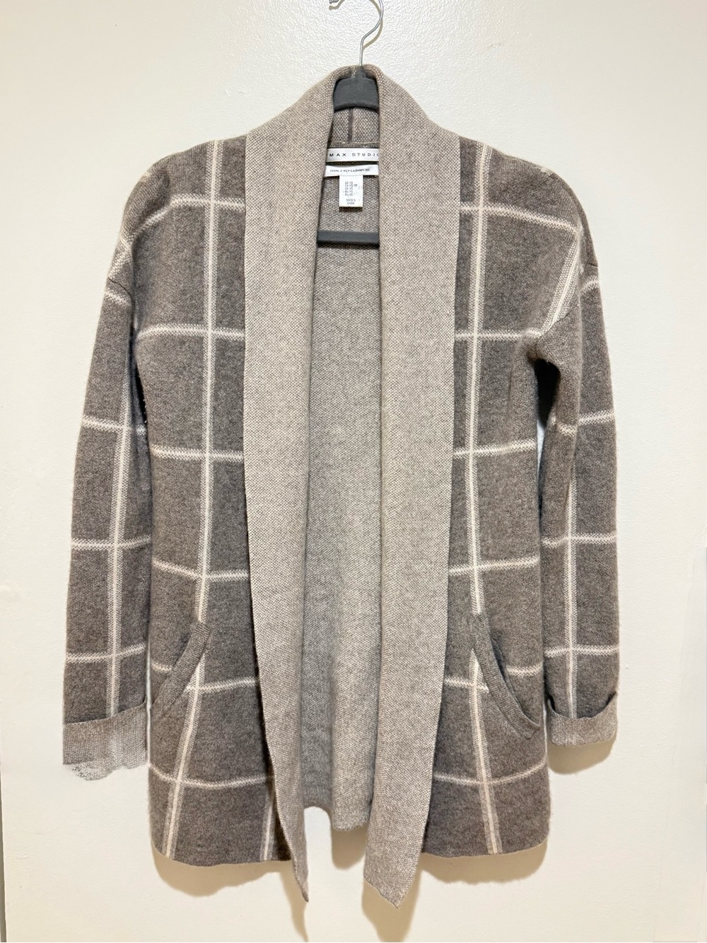 Max Studio Taupe and Cream Windowpane Shawl-Collar Cardigan 100% 2-Ply Cashmere